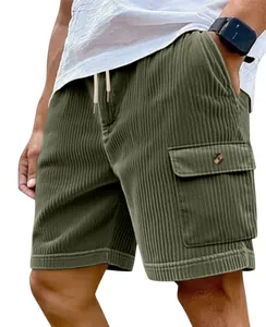 Close-up detail shot of men's olive green corduroy cargo shorts with adjustable drawstring waist.