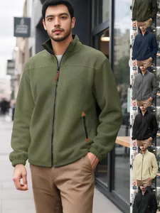 Men's Warm Polar Fleece Jacket Full Zipper Stand Collar Outdoor Casual Sweatshirt Solid Color Fleece Lined Winter Outwear Top
