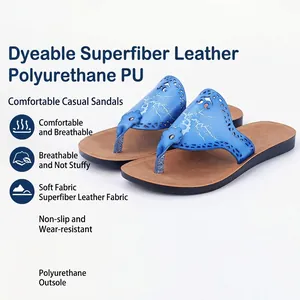 Women Flip Flops Summer Beach Sandals Microfiber Leather Upper Laser Cutout Floral Print Bohemian Style Non-slip PU Sole