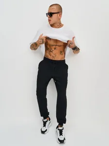 Men's black American style fleece-lined jogger pants for fitness and street casual wear