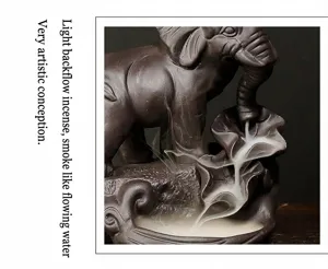 Detailed view of mystical smoke flow on an elephant purple clay backflow incense burner