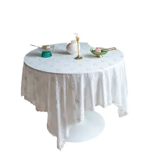 Nappe de table brodée en dentelle blanche vintage française pour décoration de table ronde