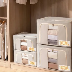 Oxford Cloth Foldable Storage Box With Steel Frame Transparent Window Closet Organizer For Clothes Quilt Bedding Home Storage