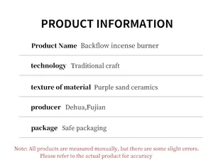 Detailed product information list including material and origin for backflow incense burner