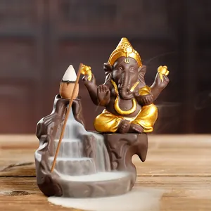Ceramic Ganesha Backflow Incense Burner Elephant God Waterfall Smoke Fountain Zen Home Decor Southeast Asian Incense Holder