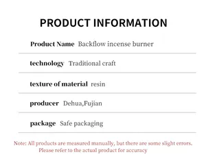 Product information for resin backflow incense burner with material and craft details