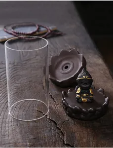 Detailed view of backflow incense burner set with Sun Wukong figurine and windproof glass