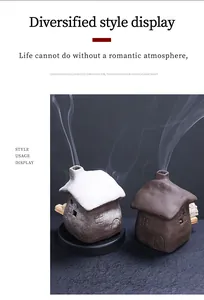 Detailed view of two ceramic house-shaped incense burners with rising smoke.
