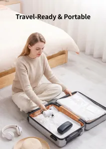 Pompa a vuoto elettrica portatile usata da una donna per preparare la sua valigia