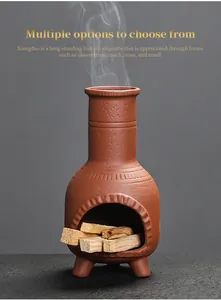 Detailed view of terracotta fireplace incense burner with burning Palo Santo wood