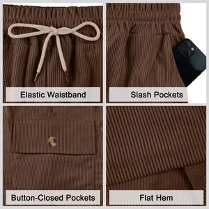Close-up details of brown corduroy shorts featuring elastic waistband and slash pockets.