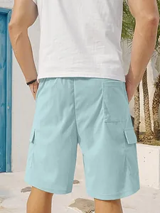Detailed back view of men's light blue corduroy cargo shorts with multi-pocket design
