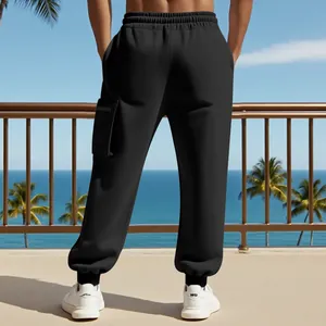 Back view of premium men's heavy-duty black cargo sweatpants with ribbed cuffs and side pocket