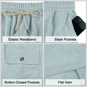 Detailed features of men's corduroy shorts: elastic waistband, slash pockets, and flat hem