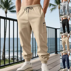 Detailed view of men's cargo sweatpants showing various color options and tapered fit design
