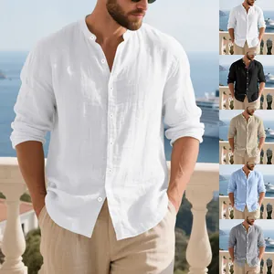 Chemise Casual en Mélange de Lin pour Hommes Col Mandarin Manches Longues Boutonnée Été Plage Hawaïenne Coupe Décontractée
