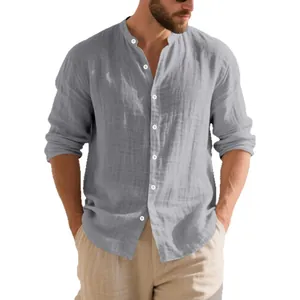 Chemise décontractée en lin pour hommes avec col montant et manches longues gris clair
