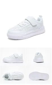 Detail view showing multiple angles of white leather children's casual sneakers.