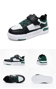 Detail views of children's lightweight black white and green sneakers with strap