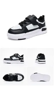 Comprehensive multi-angle view of black and white children's lightweight leather sneakers for kids