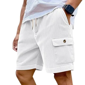 Men's summer white corduroy cargo shorts with drawstring waist and functional pocket