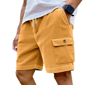 Men's mustard yellow corduroy cargo shorts with adjustable drawstring and side pockets