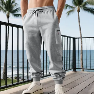 Macro view showing side zipper pocket on premium gray heavyweight joggers for men