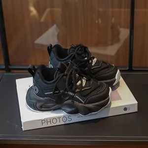 Girls' chunky black sneakers with breathable mesh for autumn sports and casual wear