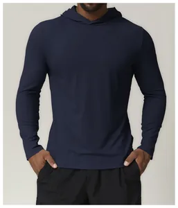 Men's navy blue athletic hooded long sleeve shirt with premium quick-dry fabric detail