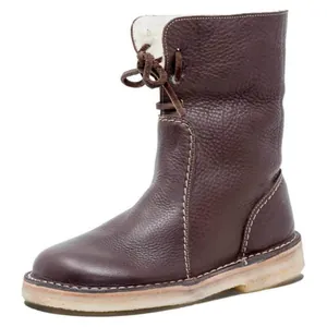 Women Round Toe Snow Boots Winter Warm Fleece Lined Casual Shoes Lace Up Flat Outdoor Short Boots Large Size PU Leather Rubber Sole