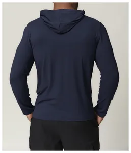Back view of navy blue men's quick-dry athletic performance hoodie for fitness training.