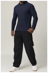 Athletic men's navy blue quick-dry hooded long sleeve shirt with black cargo pants