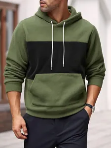 Men's outdoor polar fleece color-block hoodie in green and black with drawstring hood