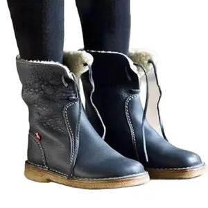 Casual round toe leather snow boots with warm faux fur lining and lace-up closure
