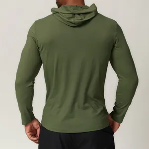 Back view of men's athletic olive green hooded quick-dry long-sleeve sports sweatshirt