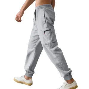 Men's grey heavy cargo joggers with zipper pocket and elastic waist sports pants