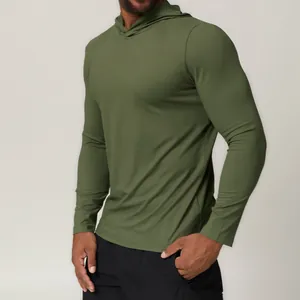 Men's olive green hooded quick-dry long sleeve shirt for athletic sports and fitness