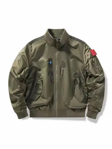 Men's military style olive green flight jacket with multi-pockets and ribbed trim