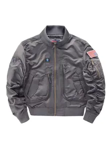 Grey Air Force pilot bomber jacket with US flag patch and functional multi-pockets