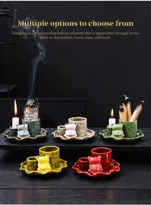 Handmade ceramic frog lotus leaf incense burner sets in five colors for sage and candles