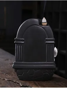 Detailed back view of a black ceramic architectural style cupid backflow incense burner