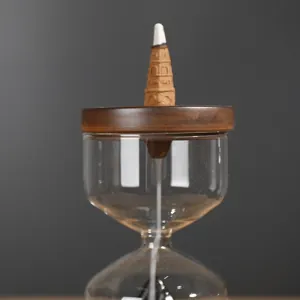 Creative backflow incense burner with windproof glass cover and wooden lid design