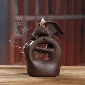 Artistic ceramic dragon backflow incense burner holder with waterfall smoke effect for home