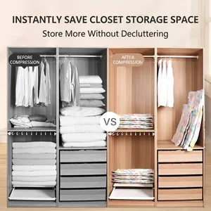 Vacuum storage bags with sunflower pattern, before and after compression comparison in wardrobe