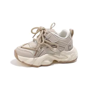 Stylish beige girls' chunky sneakers with breathable mesh and velcro for autumn sports wear