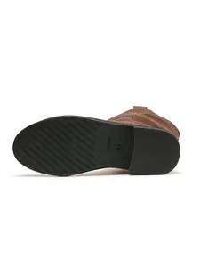 Detailed macro view of black textured outsole on brown western mid-calf boots with size mark