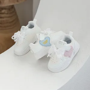 Girls Fashion White Sneakers Soft Sole Casual Children Shoes With Lace Artificial Pearl Bow Sweet Heart Student Board Shoes