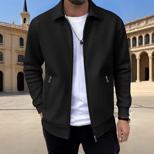 Chaqueta casual de hombre negra con textura, cremallera, cuello de solapa y bolsillos