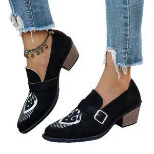 Mocassins élégants à bout pointu et talon bloc avec broderie pour femmes en noir