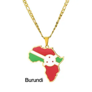 Collana con ciondolo a forma di Africa e bandiera del Burundi in acciaio dorato